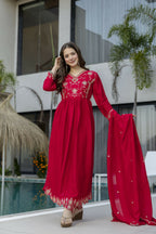 The52 Women's Beautiful Vichitra Silk Fabric Embroidery Work Flared Anarkali Pant and Dupatta Set | Grocsy