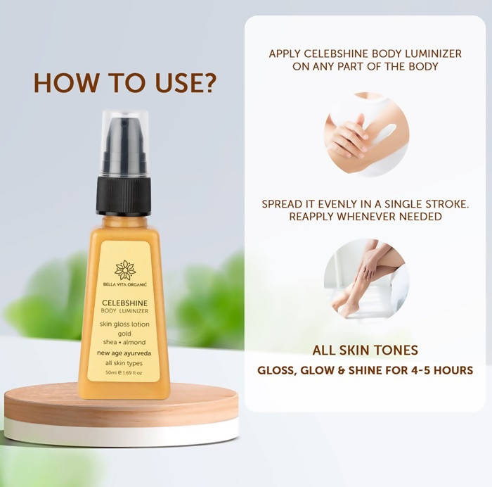 Bella Vita Organic Celeb Shine Body Luminizing Shimmer skin Gloss Lotion Gold Shea Butter Almond | Grocsy