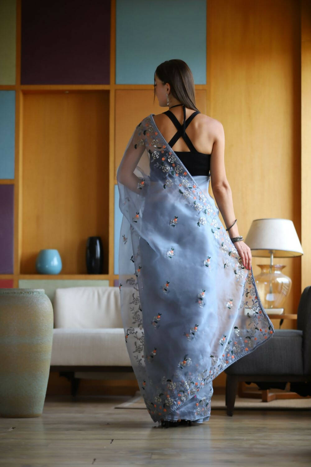 Vamsee Blue Organza Saree | Grocsy