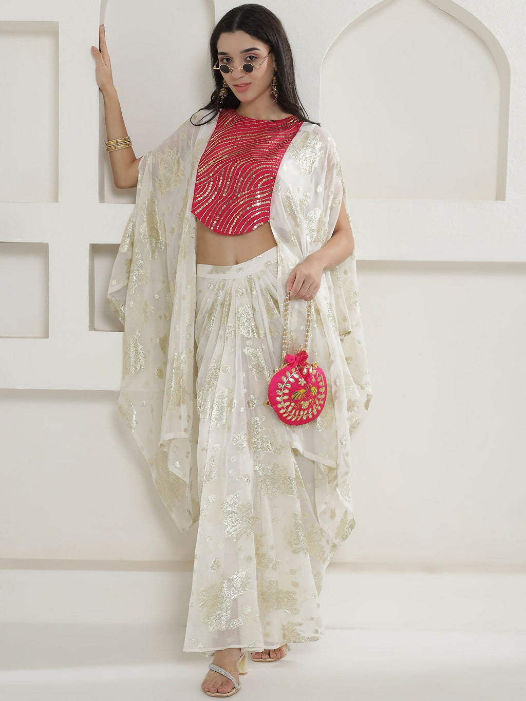 Joban Fashion White & Pink Kaftaan With Skirt | Grocsy