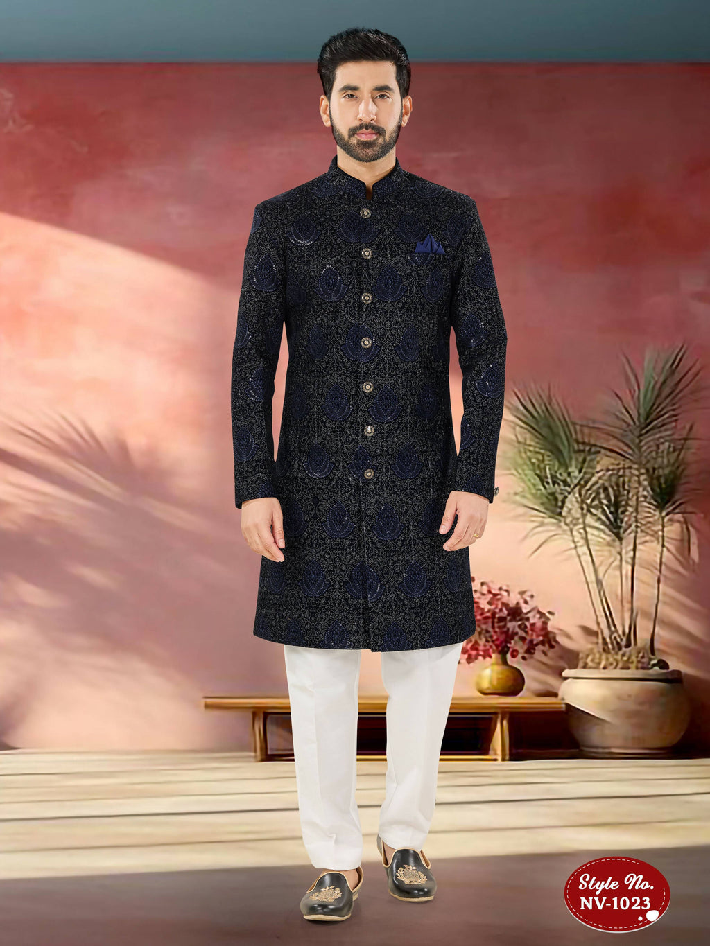 Joban Fashion Men's Blue Base Straight Velvet Thread And Sequence Embroidary All Over Indo-Western Kurta Set | Grocsy