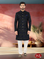 Joban Fashion Men's Blue Base Straight Velvet Thread And Sequence Embroidary All Over Indo-Western Kurta Set | Grocsy