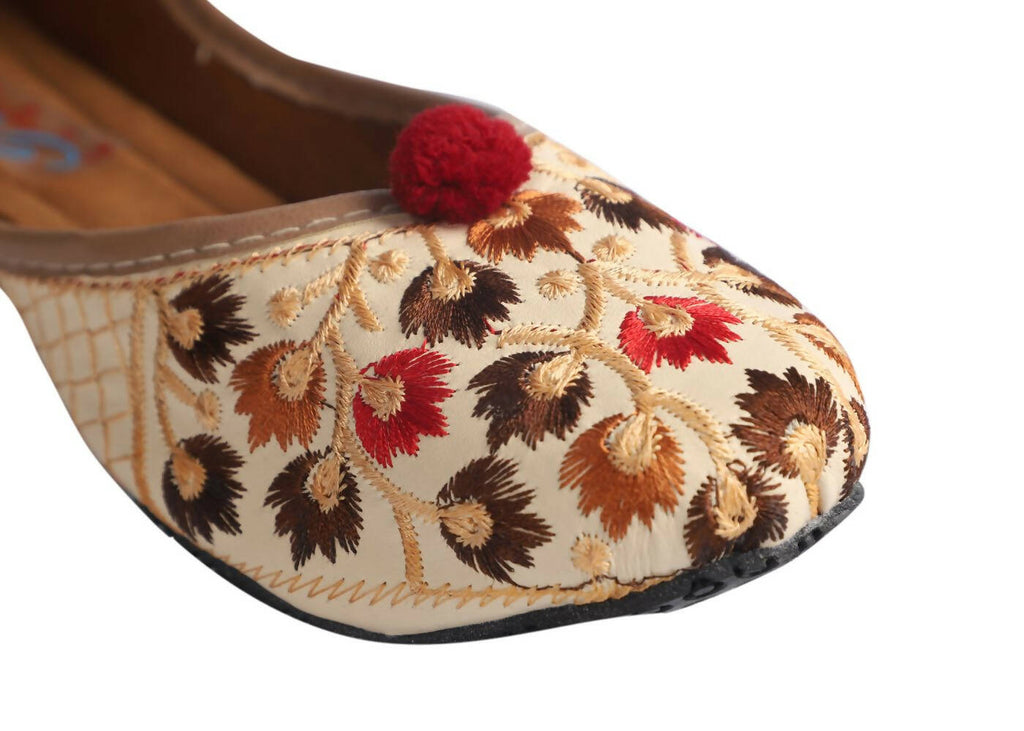 Tiny Bugs Girls Ethnic Floral Embroidered Juttis - Beige | Grocsy