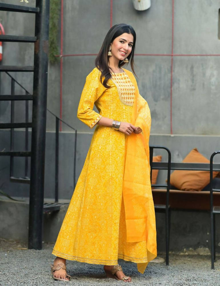 Yufta Women Mustard Handblock Printed Kurta with Trouser & Dupatta | Grocsy