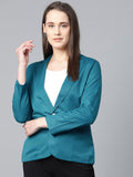 Jompers Women Teal Blue Solid Single-Breasted Smart Casual Blazer | Grocsy