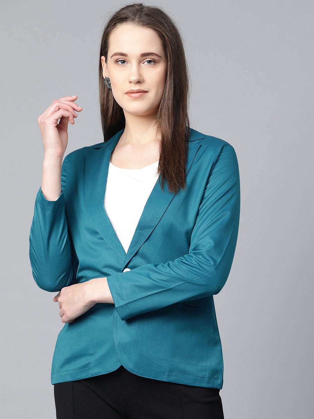 Jompers Women Teal Blue Solid Single-Breasted Smart Casual Blazer | Grocsy