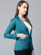 Jompers Women Teal Blue Solid Single-Breasted Smart Casual Blazer | Grocsy