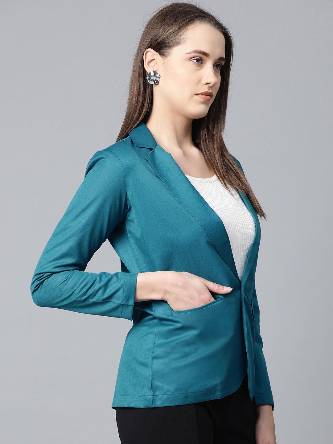 Jompers Women Teal Blue Solid Single-Breasted Smart Casual Blazer | Grocsy