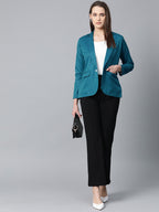 Jompers Women Teal Blue Solid Single-Breasted Smart Casual Blazer | Grocsy