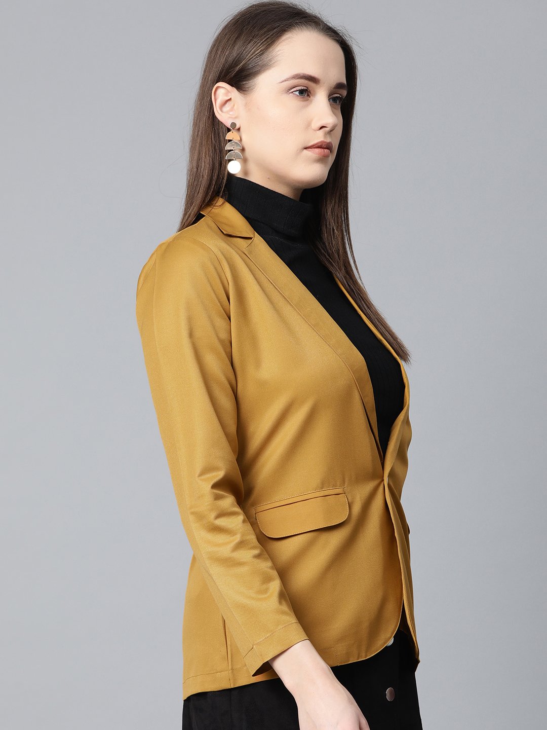 Jompers Women Mustard Solid Single-Breasted Smart Casual Blazer | Grocsy