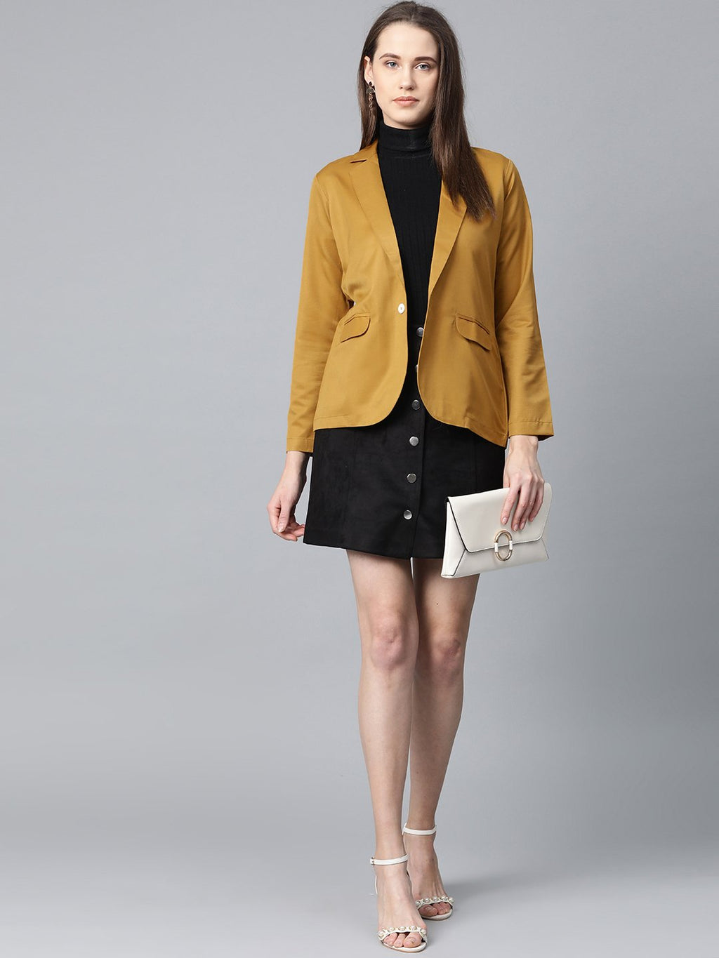 Jompers Women Mustard Solid Single-Breasted Smart Casual Blazer | Grocsy