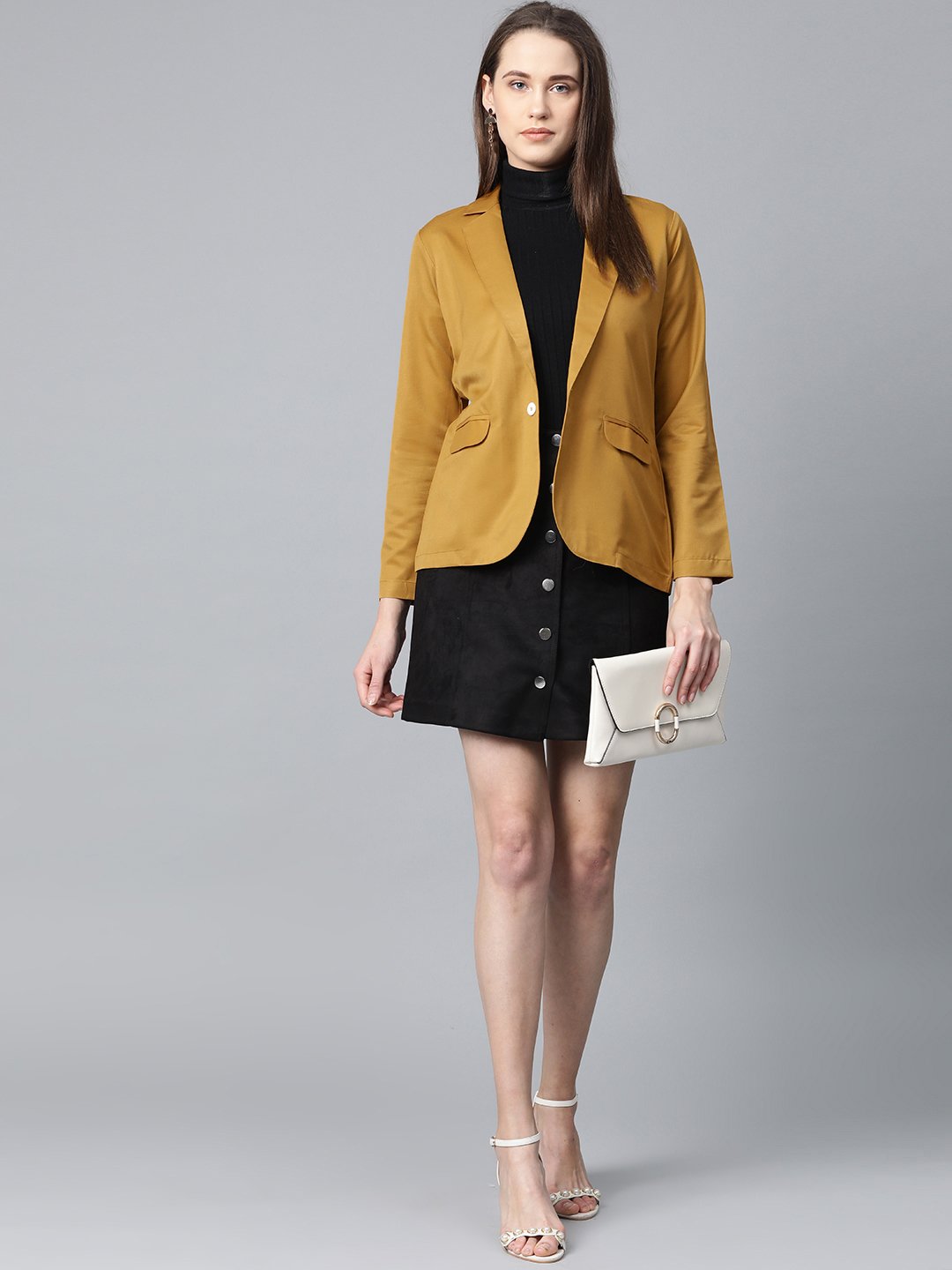 Jompers Women Mustard Solid Single-Breasted Smart Casual Blazer | Grocsy