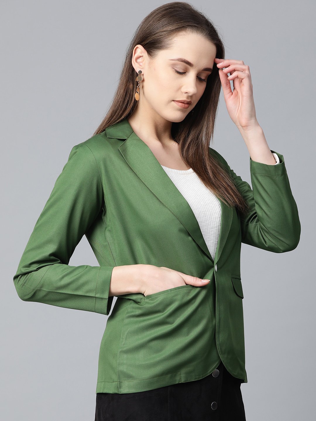 Jompers Women Olive-Green Solid Single-Breasted Smart Casual Blazer | Grocsy