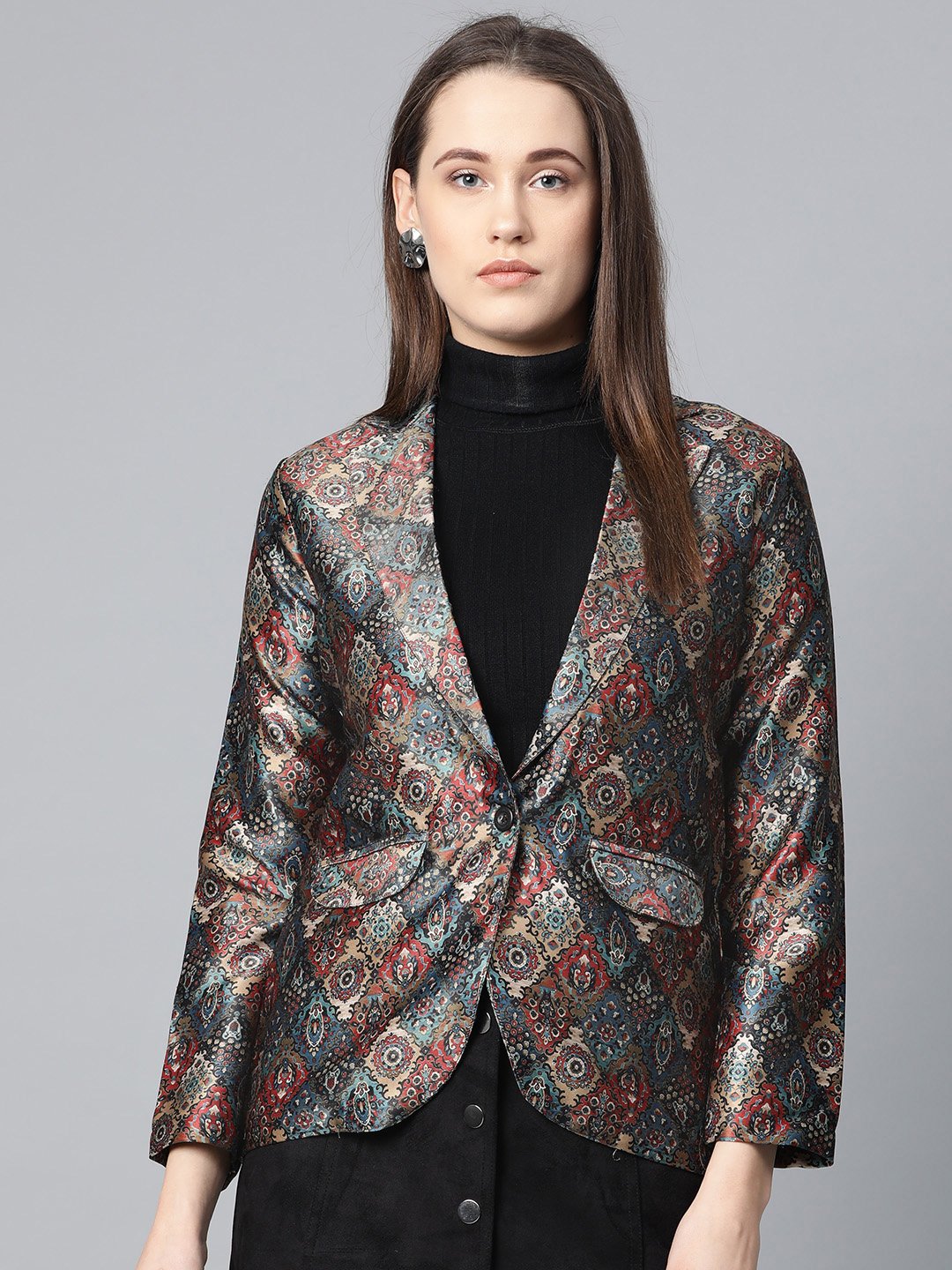 Jompers Women Blue & Maroon Satin Finish Printed Single-Breasted Blazer | Grocsy