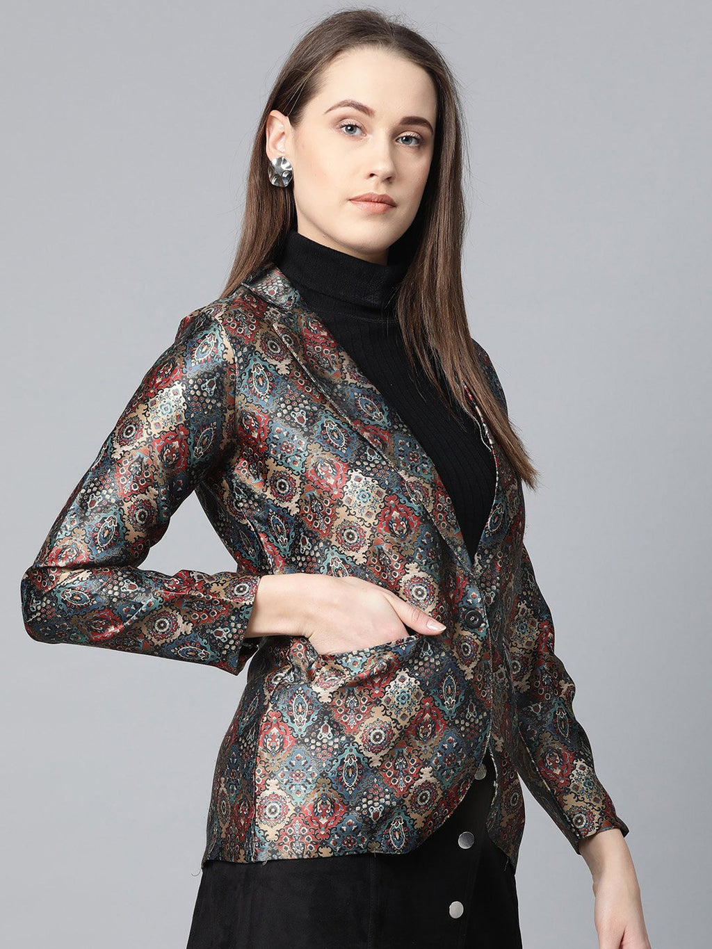 Jompers Women Blue & Maroon Satin Finish Printed Single-Breasted Blazer | Grocsy