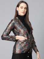 Jompers Women Blue & Maroon Satin Finish Printed Single-Breasted Blazer | Grocsy