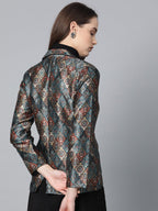 Jompers Women Blue & Maroon Satin Finish Printed Single-Breasted Blazer | Grocsy