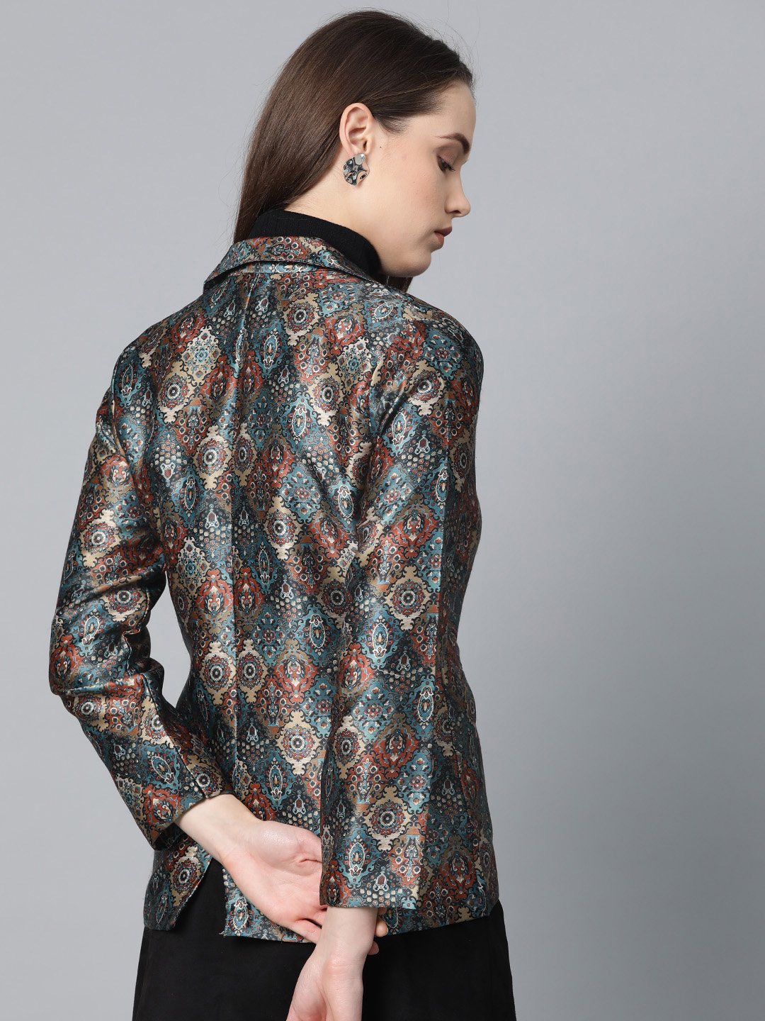 Jompers Women Blue & Maroon Satin Finish Printed Single-Breasted Blazer | Grocsy