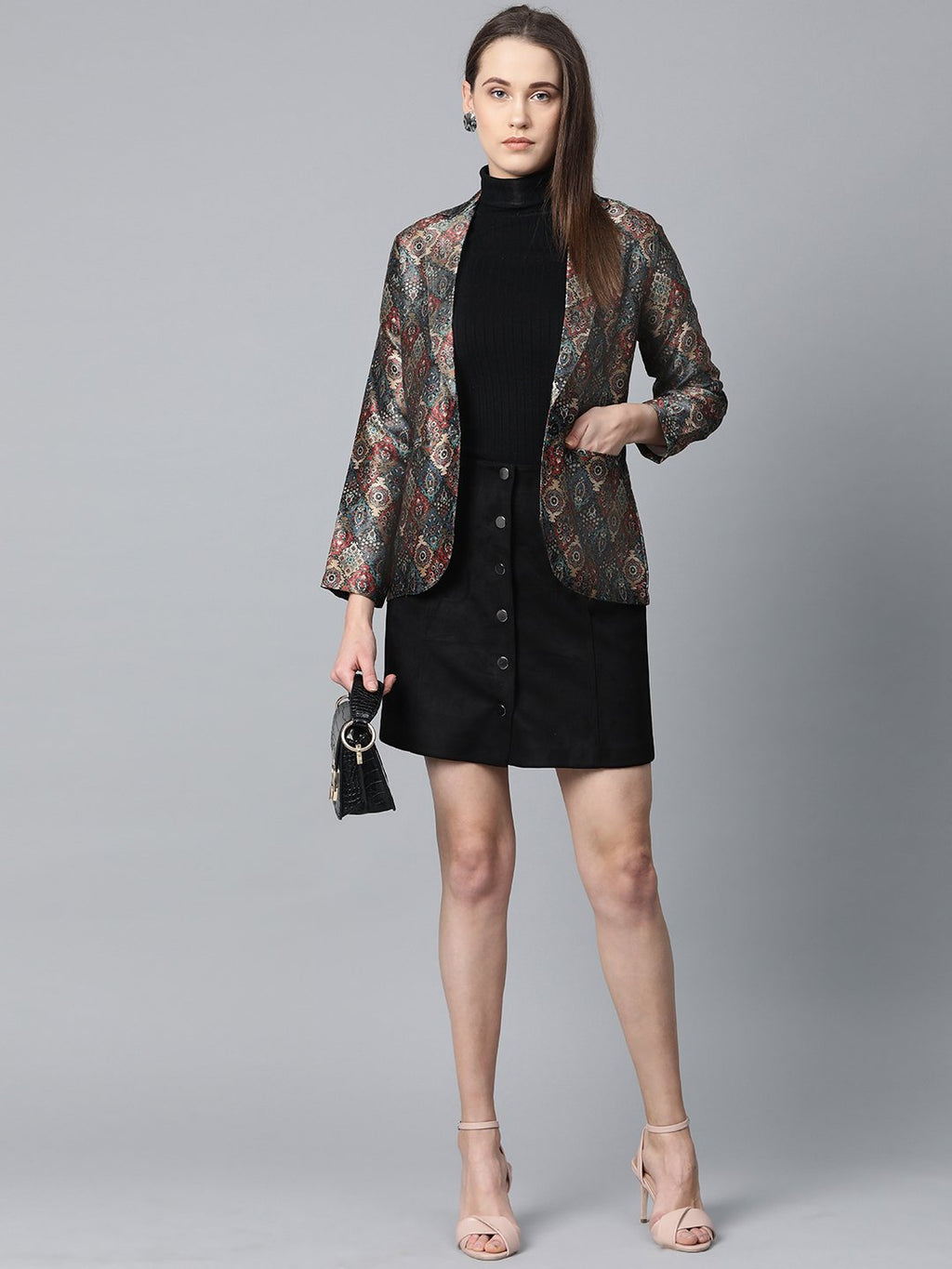 Jompers Women Blue & Maroon Satin Finish Printed Single-Breasted Blazer | Grocsy