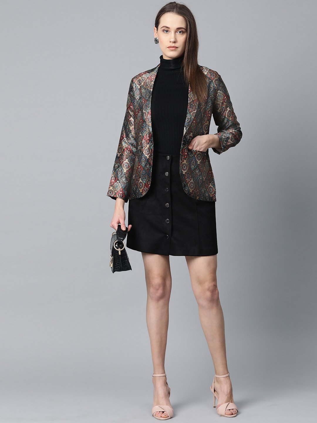 Jompers Women Blue & Maroon Satin Finish Printed Single-Breasted Blazer | Grocsy