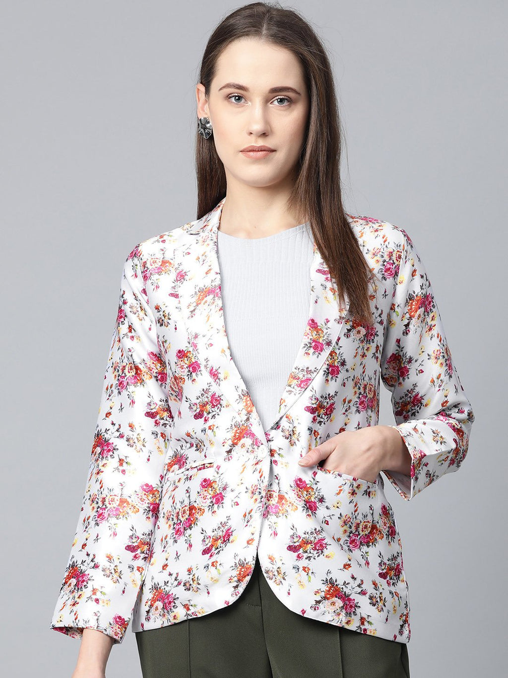 Jompers Women Grey & Pink Satin Floral Print Single-Breasted Casual Blazer | Grocsy