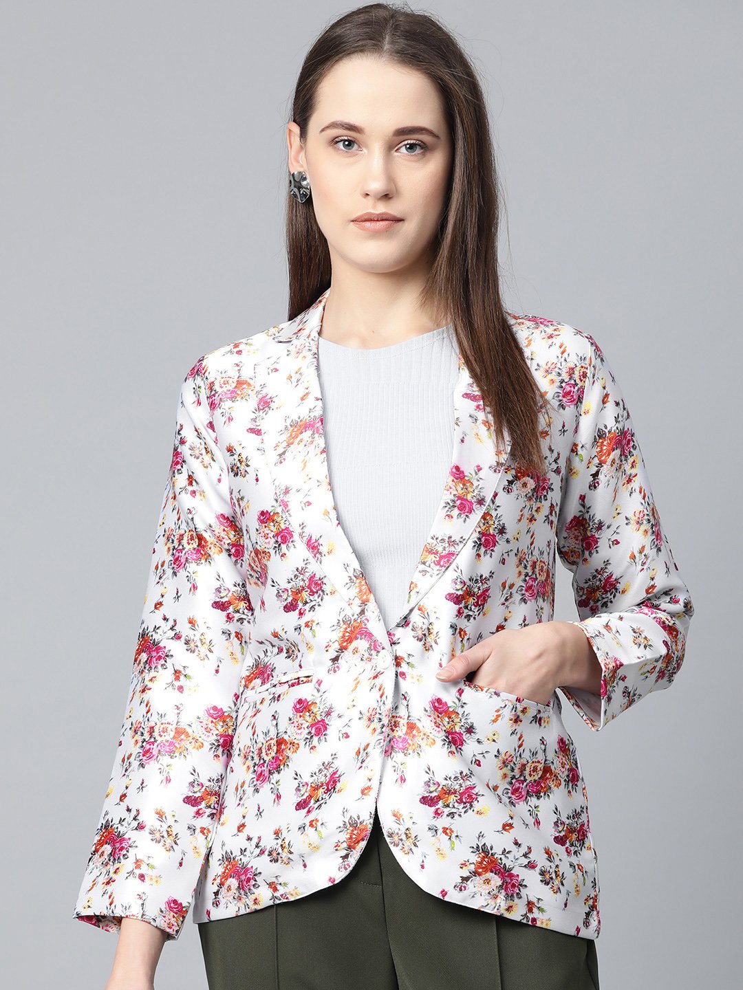 Jompers Women Grey & Pink Satin Floral Print Single-Breasted Casual Blazer | Grocsy