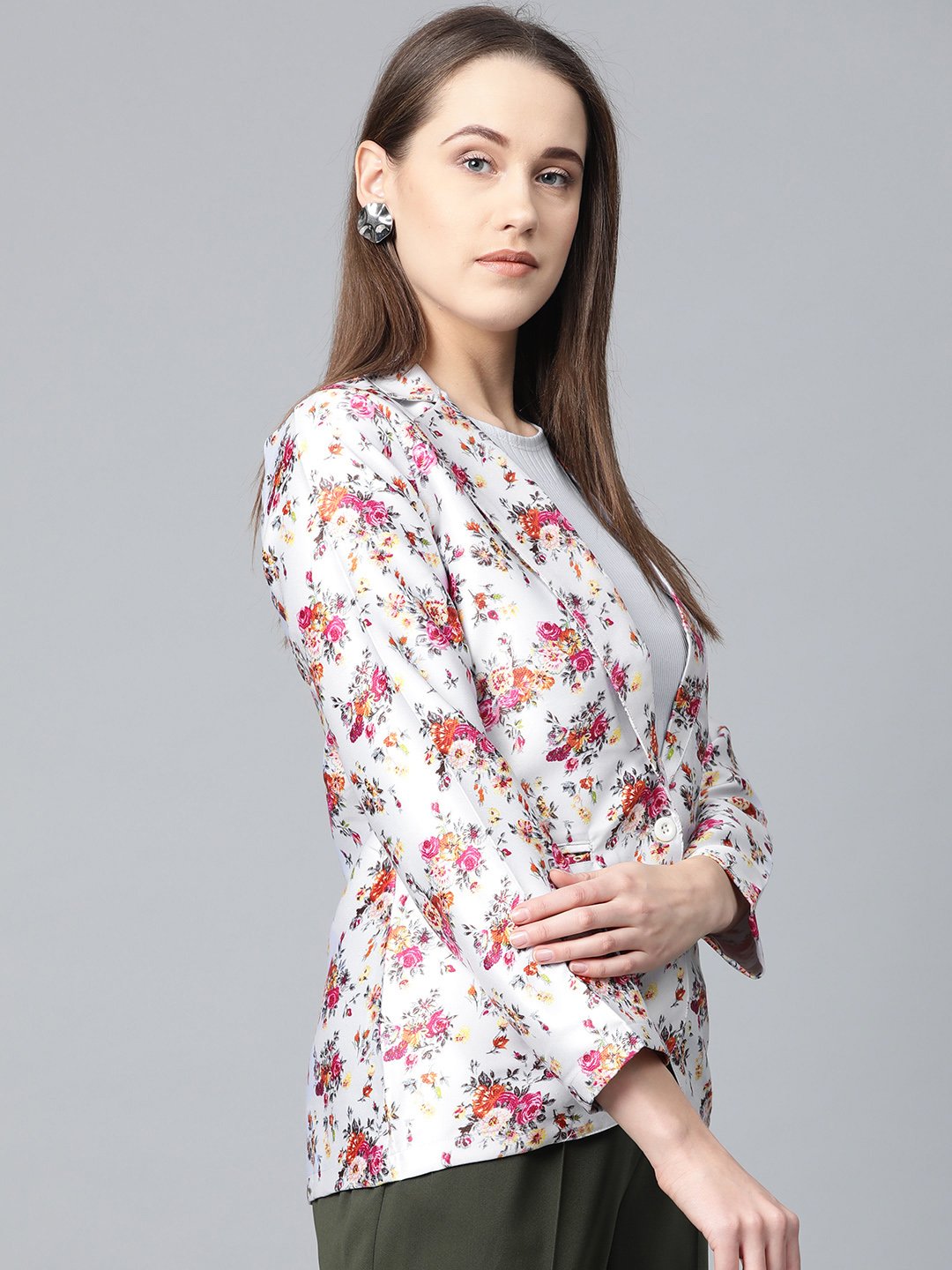 Jompers Women Grey & Pink Satin Floral Print Single-Breasted Casual Blazer | Grocsy