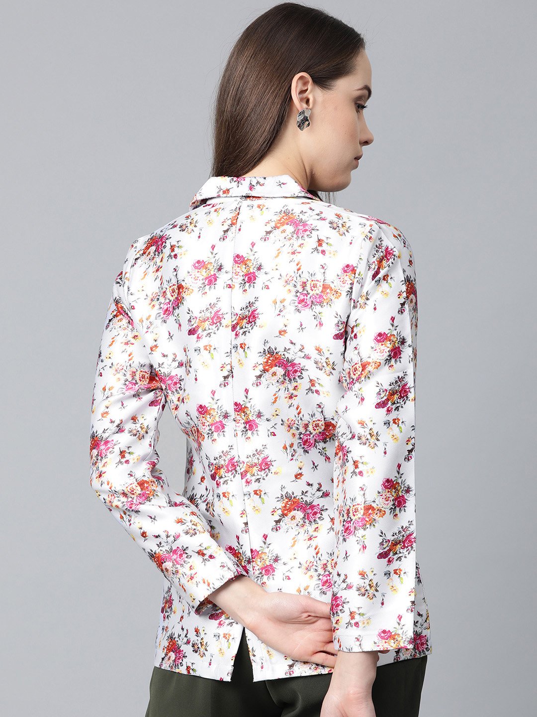 Jompers Women Grey & Pink Satin Floral Print Single-Breasted Casual Blazer | Grocsy
