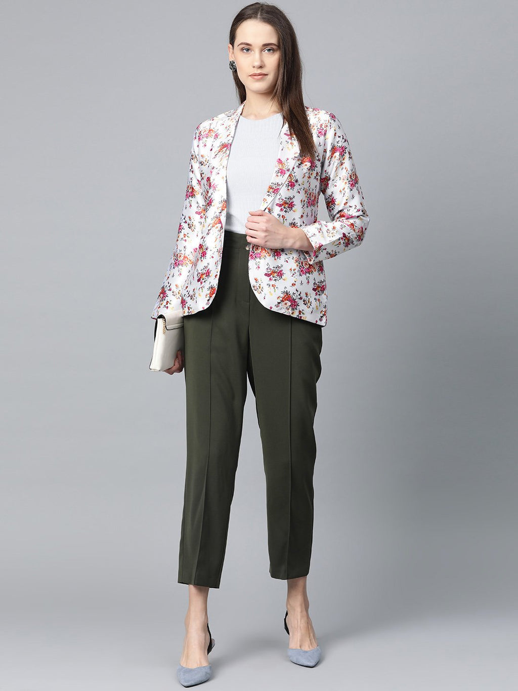 Jompers Women Grey & Pink Satin Floral Print Single-Breasted Casual Blazer | Grocsy