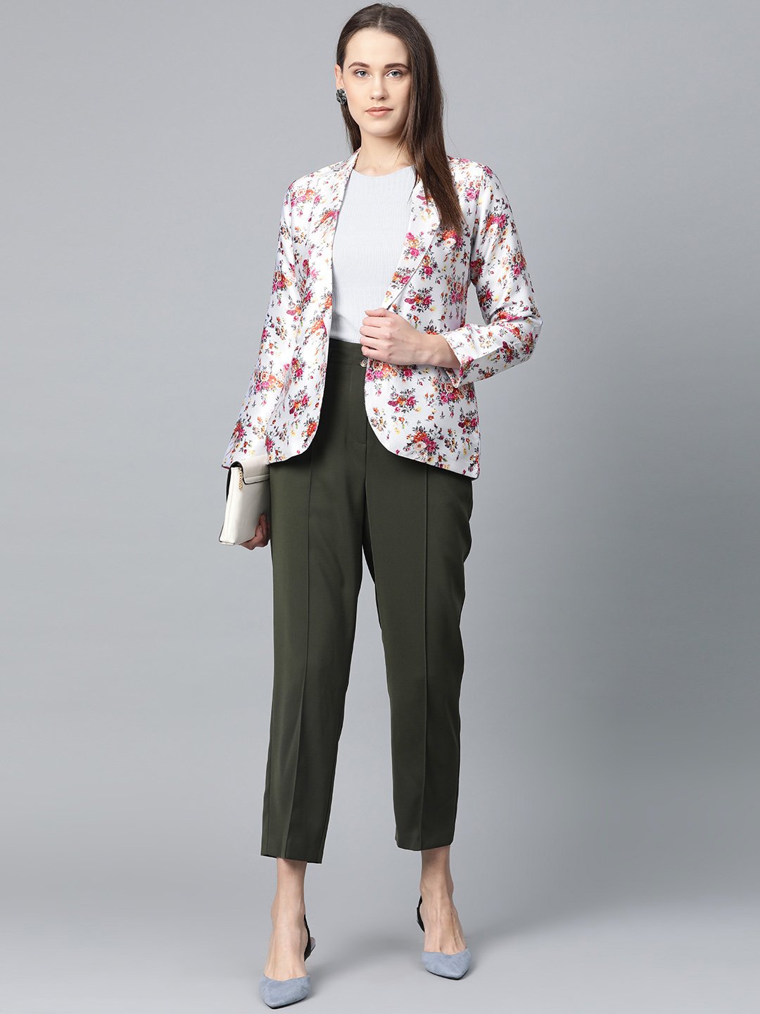 Jompers Women Grey & Pink Satin Floral Print Single-Breasted Casual Blazer | Grocsy