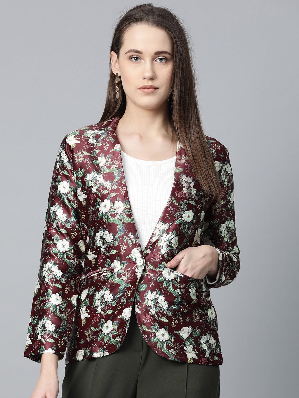 Jompers Women Maroon & Green Satin Floral Print Single-Breasted Casual Blazer | Grocsy