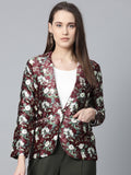 Jompers Women Maroon & Green Satin Floral Print Single-Breasted Casual Blazer | Grocsy