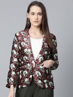 Jompers Women Maroon & Green Satin Floral Print Single-Breasted Casual Blazer | Grocsy