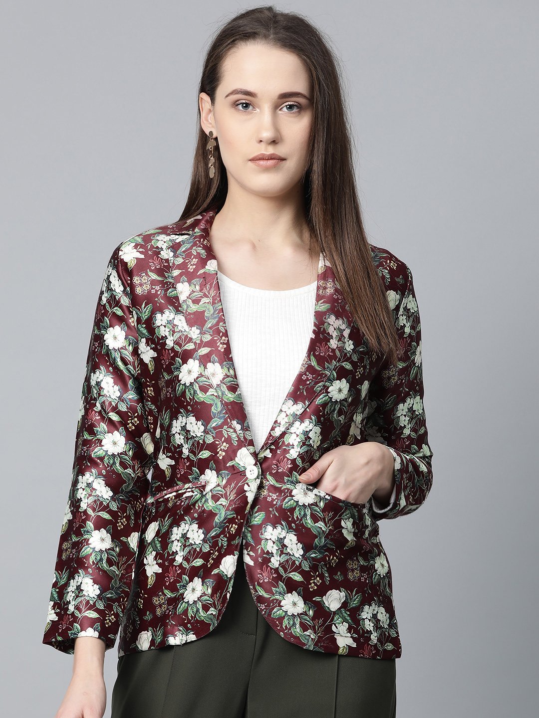 Jompers Women Maroon & Green Satin Floral Print Single-Breasted Casual Blazer | Grocsy
