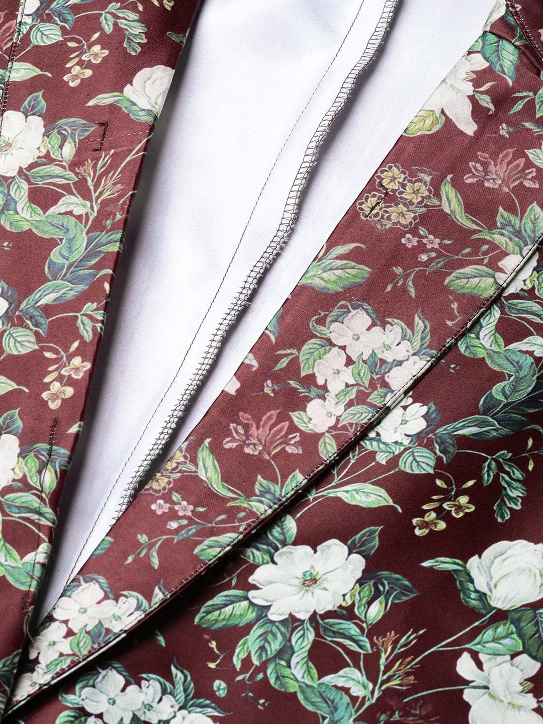Jompers Women Maroon & Green Satin Floral Print Single-Breasted Casual Blazer | Grocsy