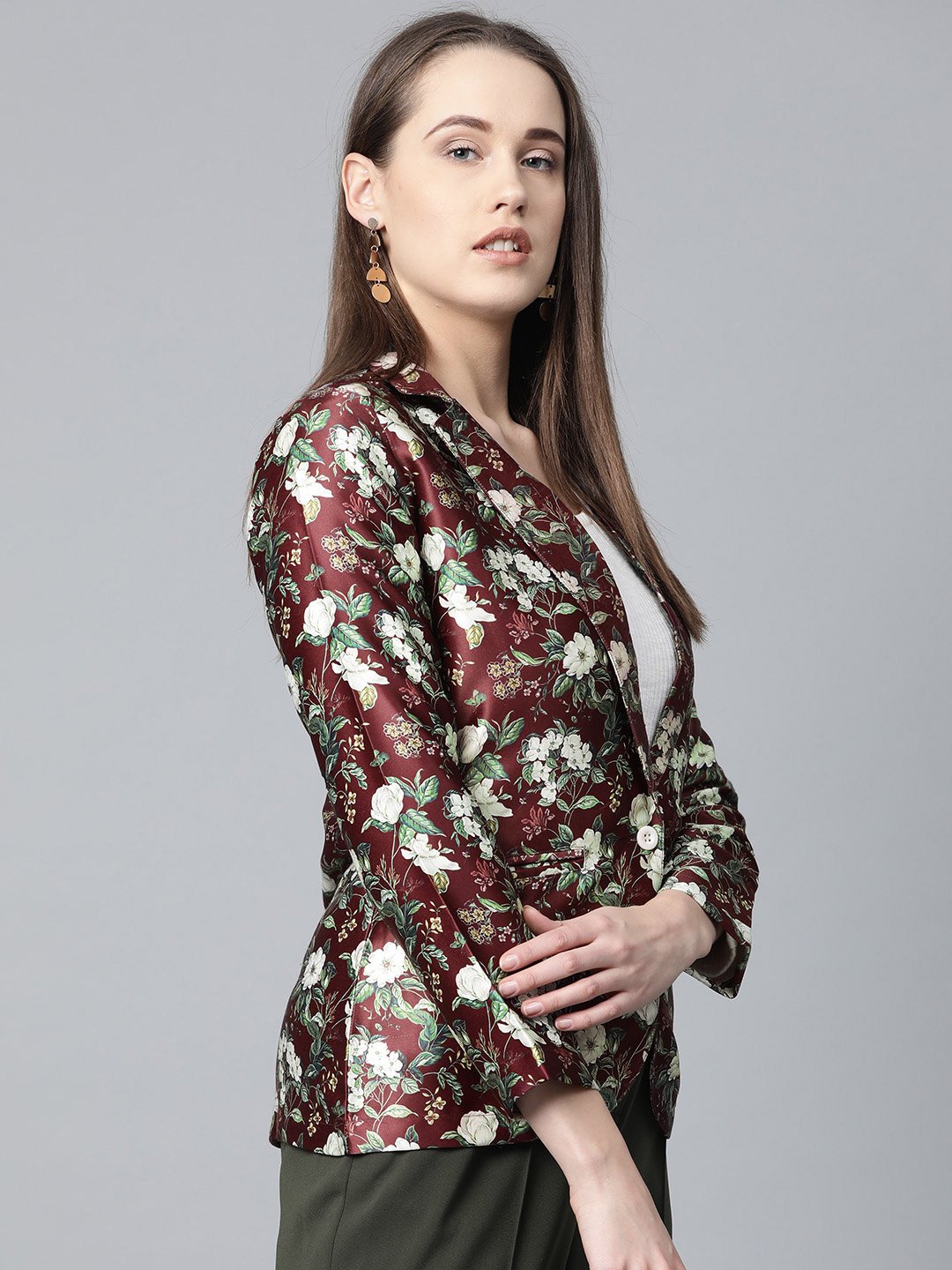 Jompers Women Maroon & Green Satin Floral Print Single-Breasted Casual Blazer | Grocsy