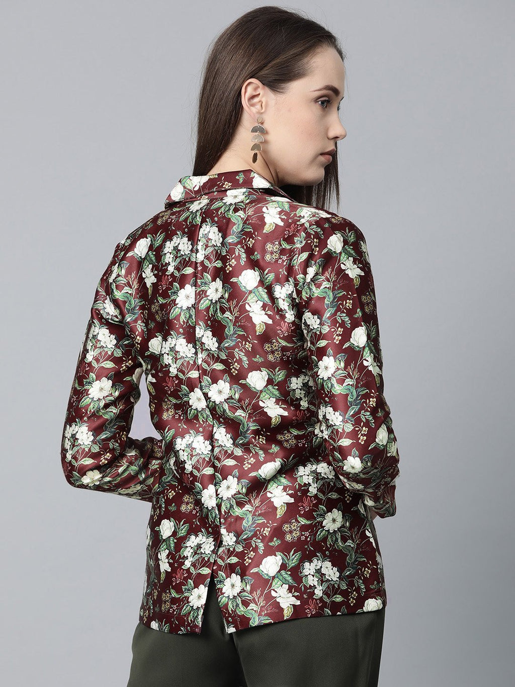 Jompers Women Maroon & Green Satin Floral Print Single-Breasted Casual Blazer | Grocsy