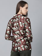 Jompers Women Maroon & Green Satin Floral Print Single-Breasted Casual Blazer | Grocsy