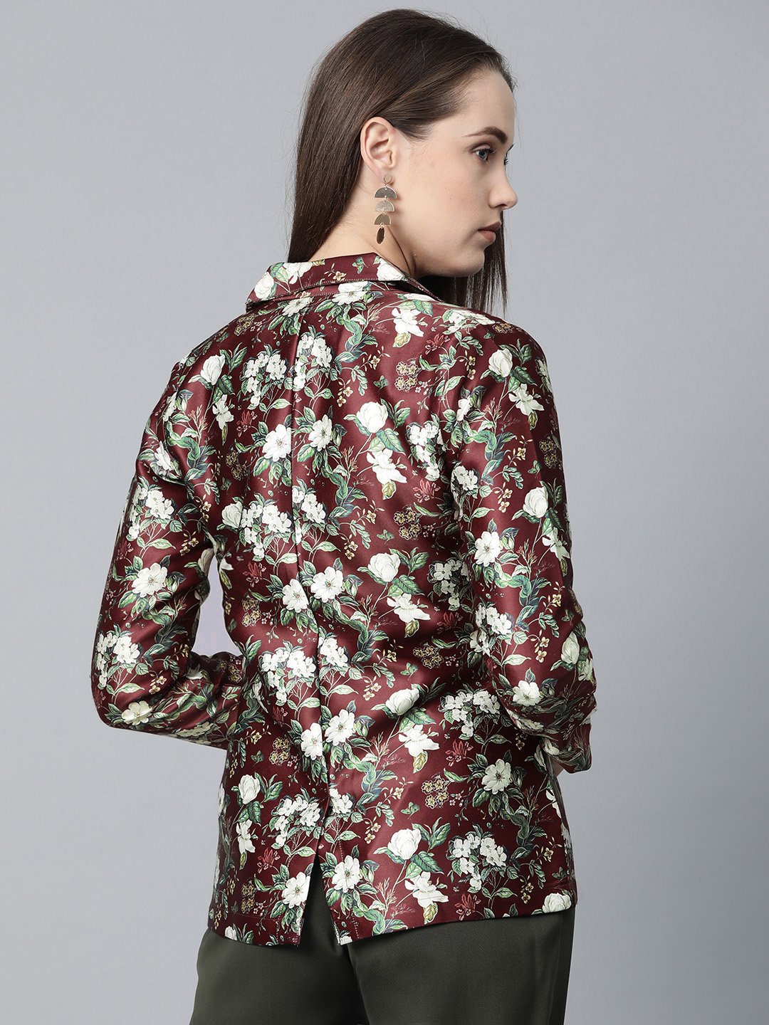 Jompers Women Maroon & Green Satin Floral Print Single-Breasted Casual Blazer | Grocsy