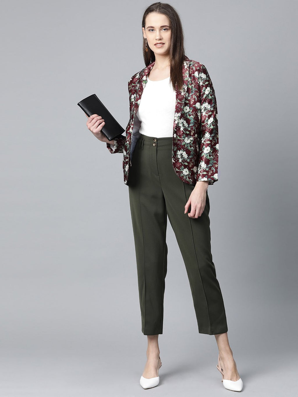 Jompers Women Maroon & Green Satin Floral Print Single-Breasted Casual Blazer | Grocsy