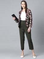 Jompers Women Maroon & Green Satin Floral Print Single-Breasted Casual Blazer | Grocsy