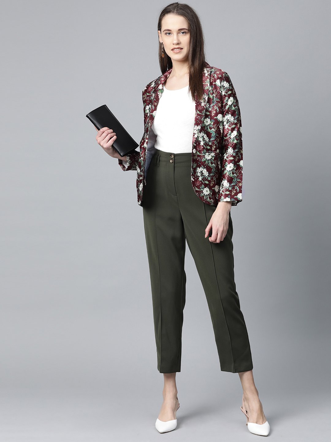 Jompers Women Maroon & Green Satin Floral Print Single-Breasted Casual Blazer | Grocsy