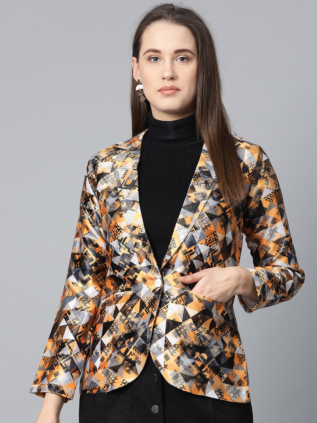 Jompers Women Mustard Yellow & Grey Satin Finish Printed Single-Breasted Blazer | Grocsy
