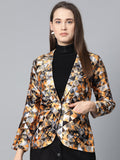Jompers Women Mustard Yellow & Grey Satin Finish Printed Single-Breasted Blazer | Grocsy