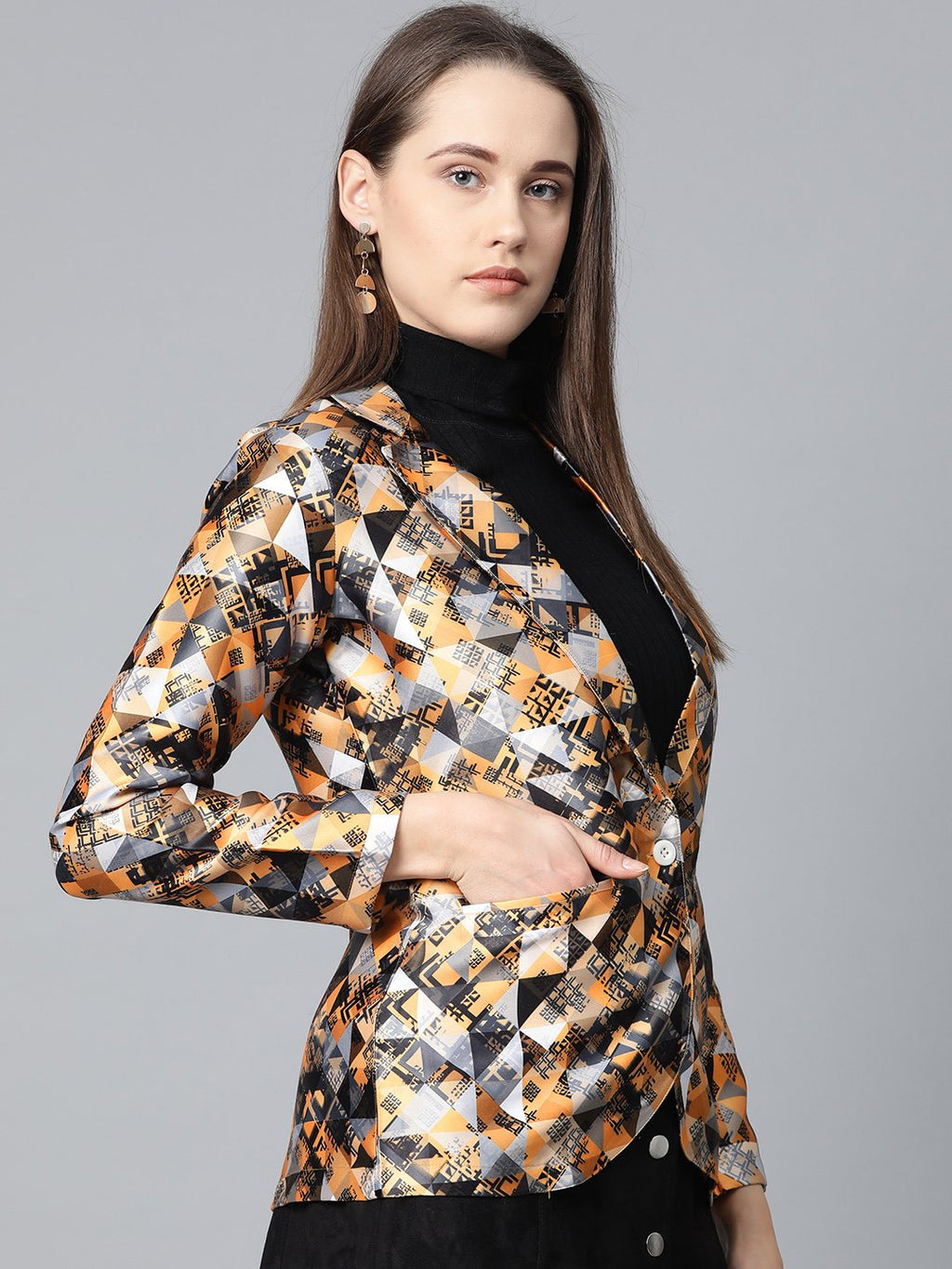 Jompers Women Mustard Yellow & Grey Satin Finish Printed Single-Breasted Blazer | Grocsy