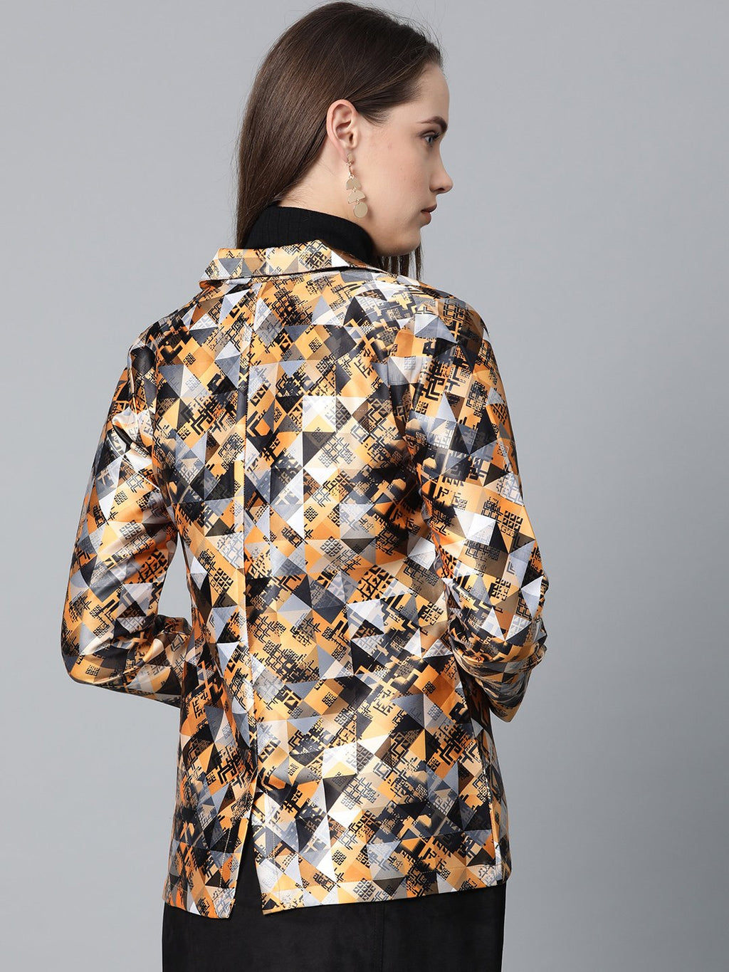 Jompers Women Mustard Yellow & Grey Satin Finish Printed Single-Breasted Blazer | Grocsy