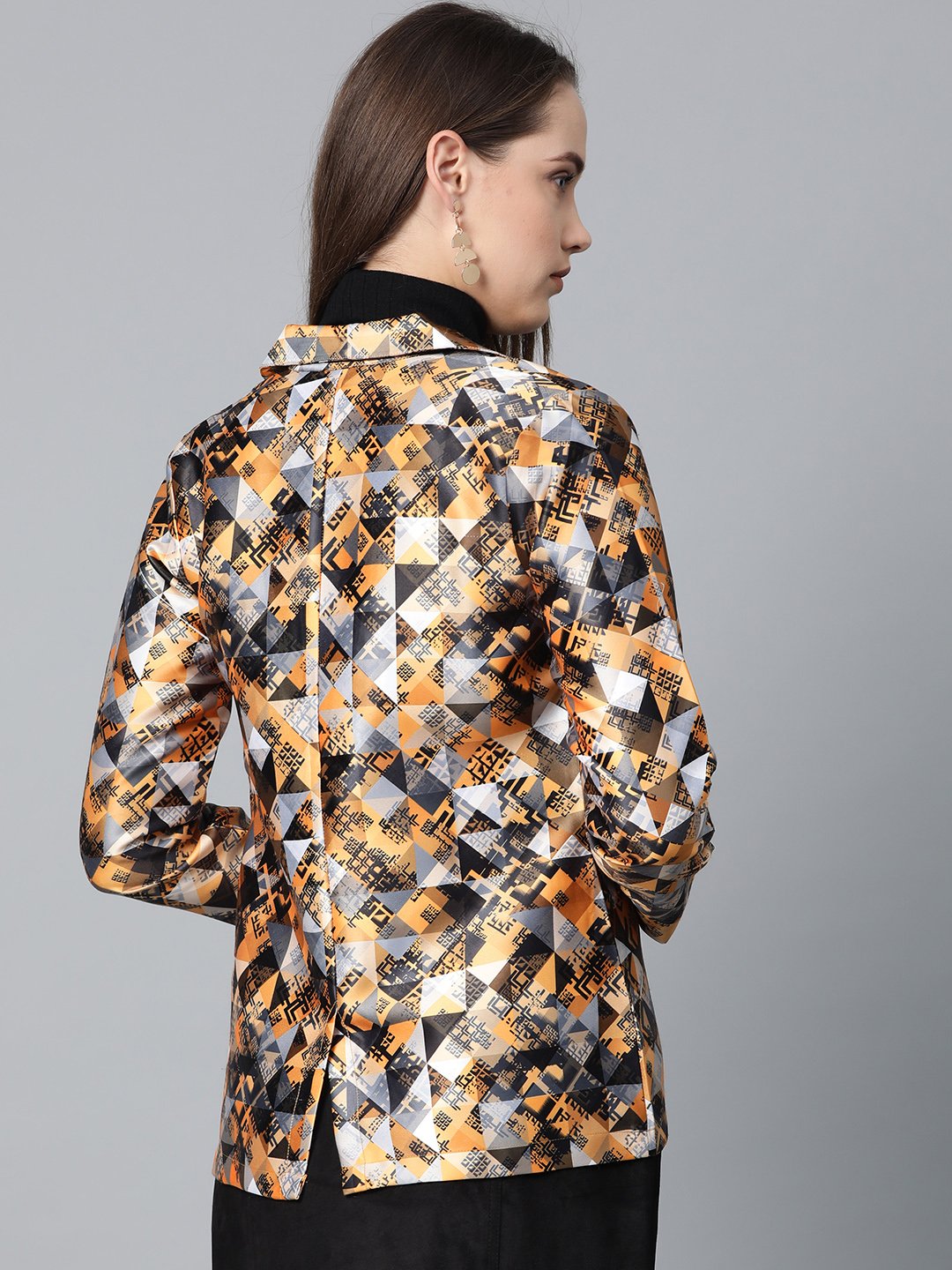 Jompers Women Mustard Yellow & Grey Satin Finish Printed Single-Breasted Blazer | Grocsy