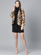 Jompers Women Mustard Yellow & Grey Satin Finish Printed Single-Breasted Blazer | Grocsy
