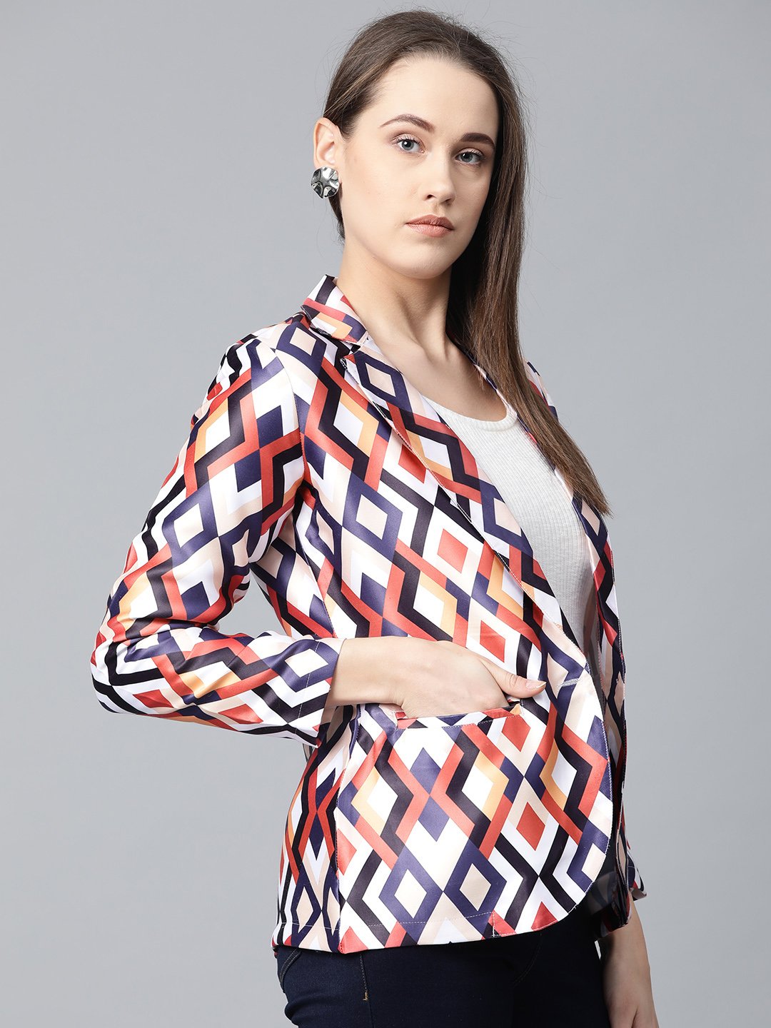 Jompers Women Multi-Coloured Satin Finish Printed Single-Breasted Blazer | Grocsy