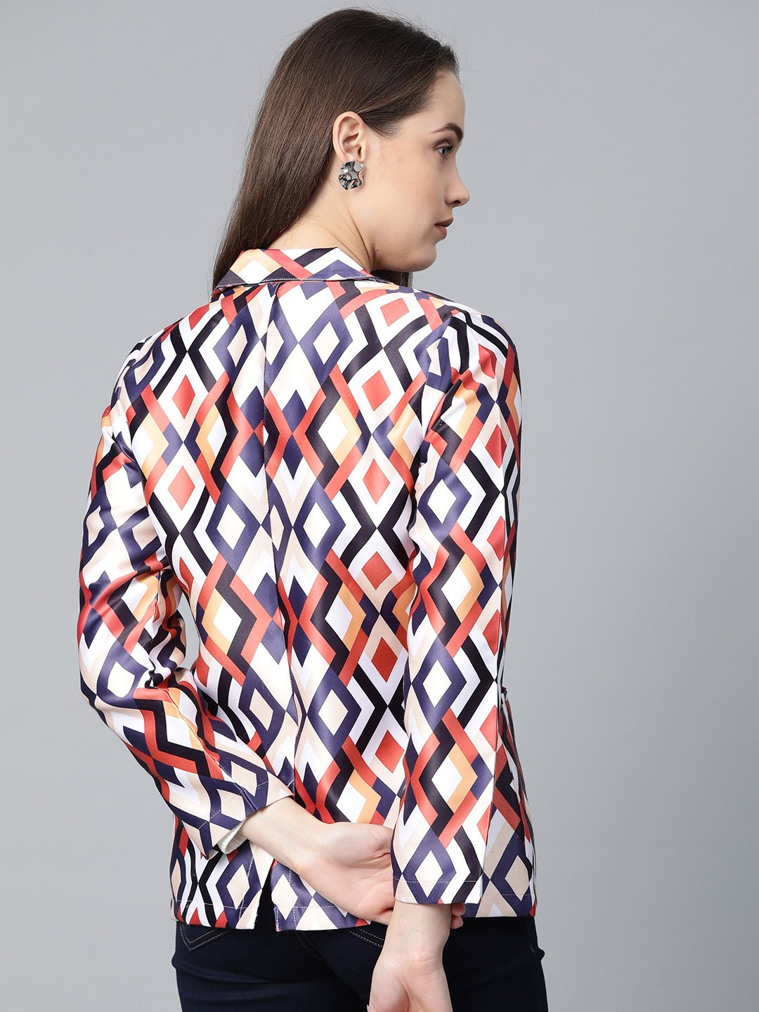 Jompers Women Multi-Coloured Satin Finish Printed Single-Breasted Blazer | Grocsy